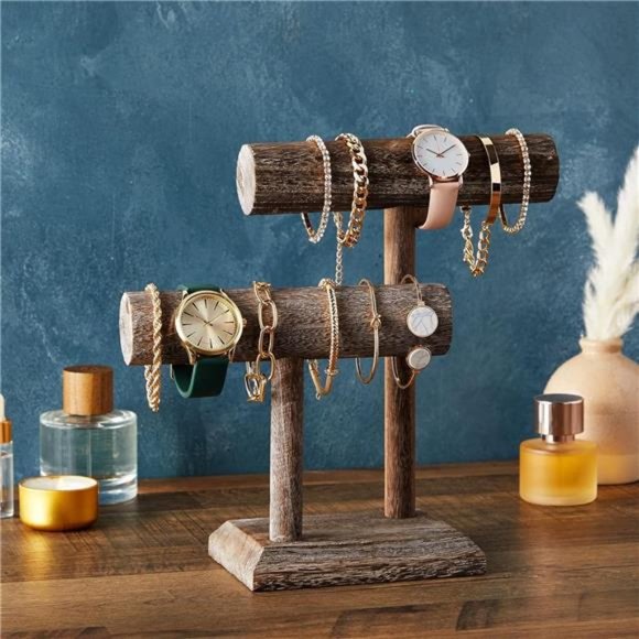 Rustic-Style 2Tier Jewelry Organizer Stand,Wooden T-Bar Necklace Rack & Bracelet - Picture 2 of 7